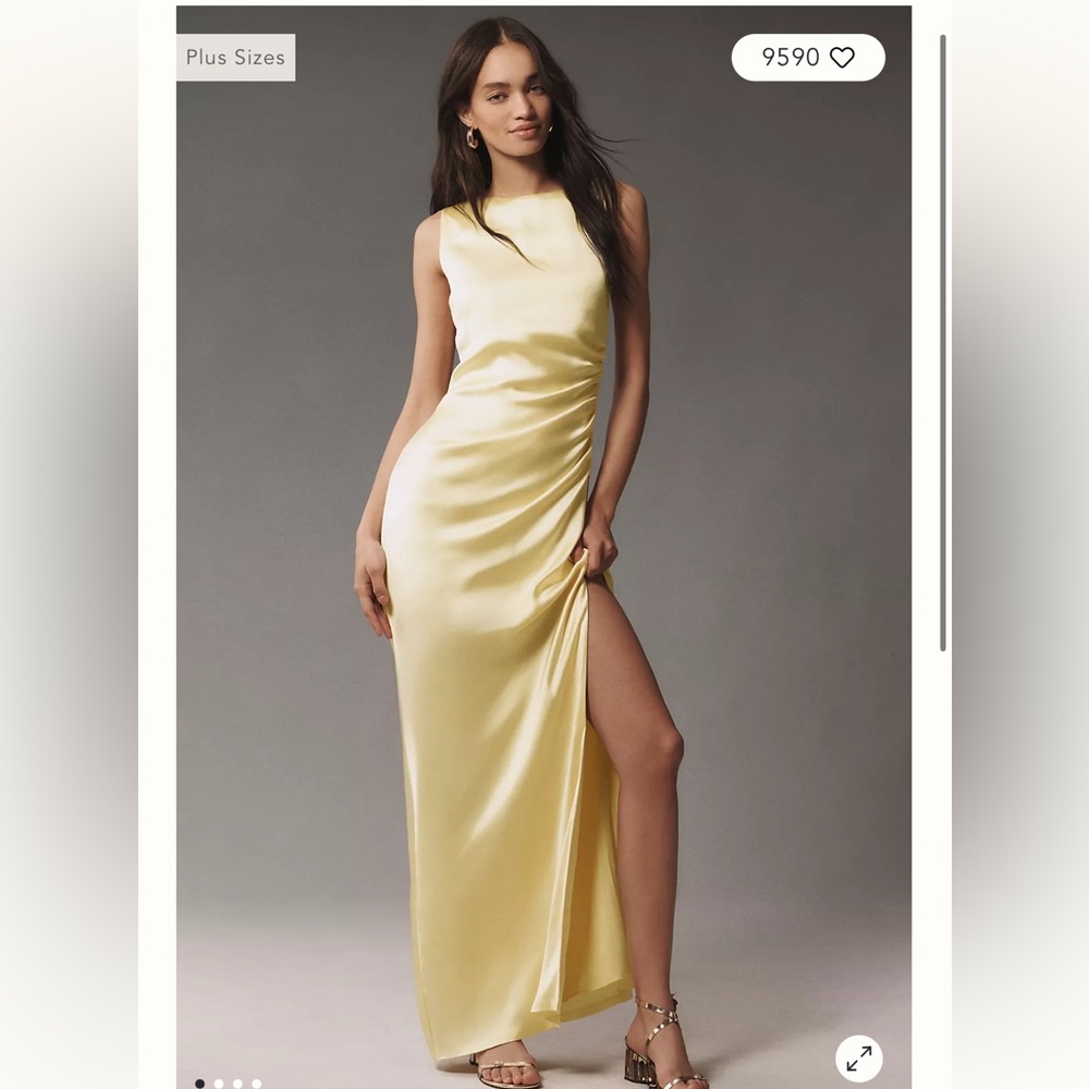 BHLDN Pale Yellow Ruched-Side Maxi Dress